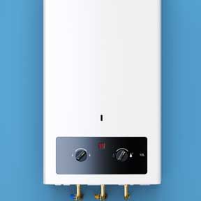 A central heating boiler attached to a blue wall